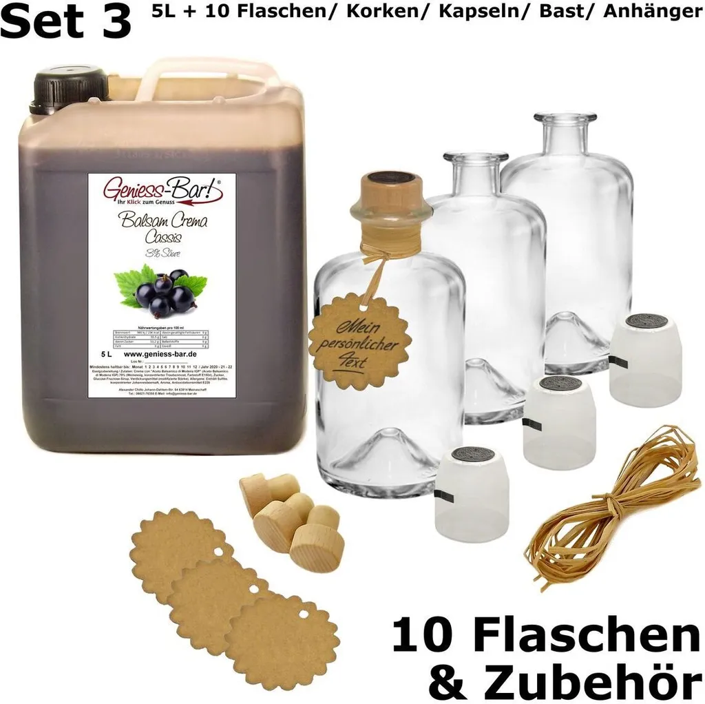 Balsamic Cream Cassis 5L + 10 bottles, corks, capsules, raffia & pendant With original Cream of Balsamic Vinegar of Modena IGP