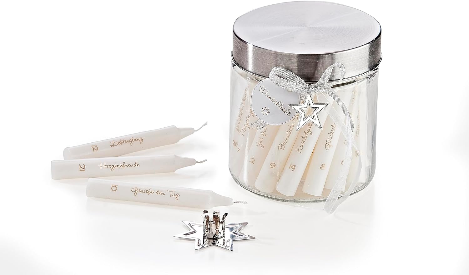 WELTBILD Advent Calendar \"Magic of Lights\" with 24 Wish Candles in Glass – Includes Metal Star Candle Holder – In Elegant Screw Glass with Star and Gift Tag – Colour: White