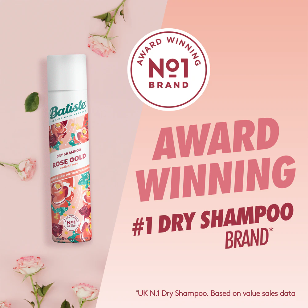 Batiste Rose Gold dry shampoo for absorbing excess sebum for a fresh hairstyle