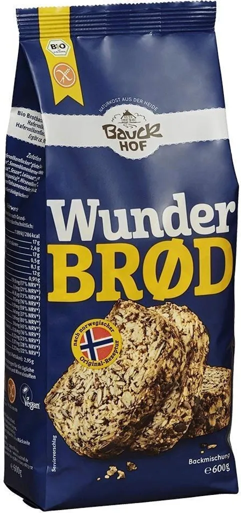 Bauckhof bread baking mix Wunderbrod, 60 g, 980 g, CE, 286 kcal, 1189 kJ, 12 g