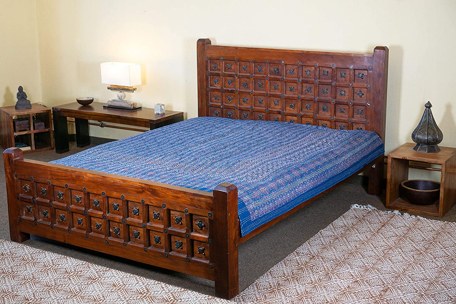 Guru-Shop GURU SHOP Quilt, Quilt, Bedspread, Bed Throw, Embroidered Cloth, Indian Bed Throw, Bedspread - Pattern 24, Blue, Cotton, 275 x 225 cm, Quilts & Quilts