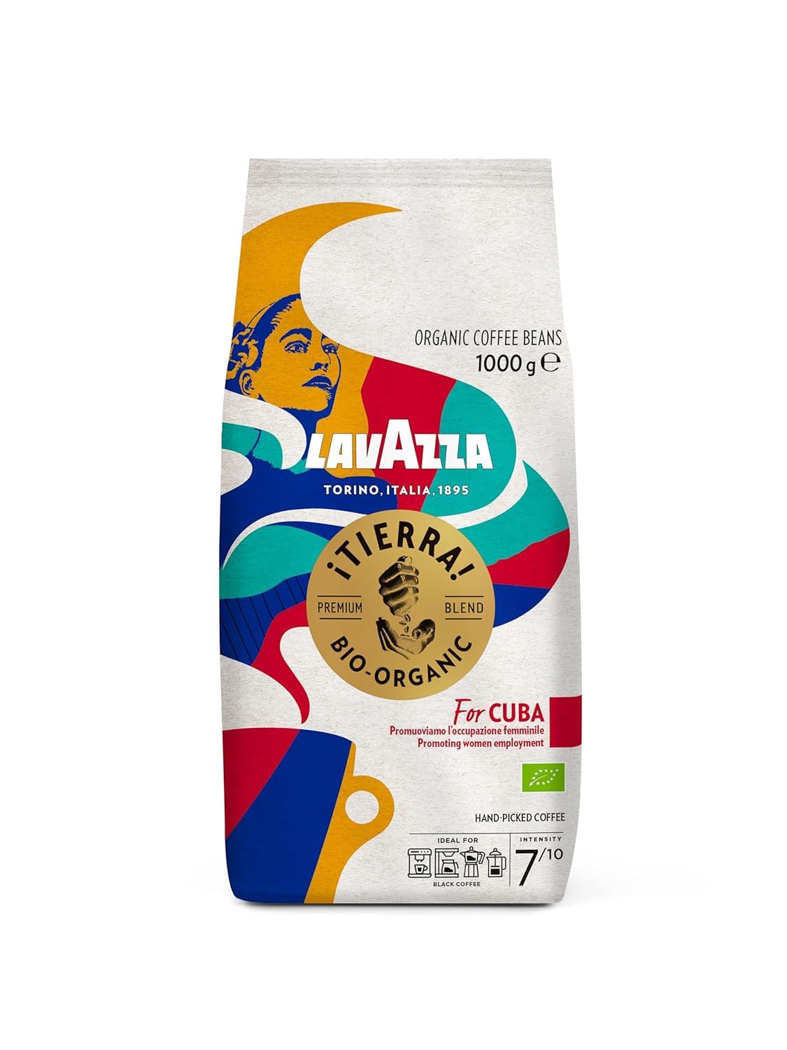 Lavazza, Tierra for Cuba, Organic Coffee Beans, Ideal for Espresso Machines, with Flavors of Chocolate and Dried Fruit, Arabica and Robusta, Intensity 7/10, Medium Roast, 1 kg