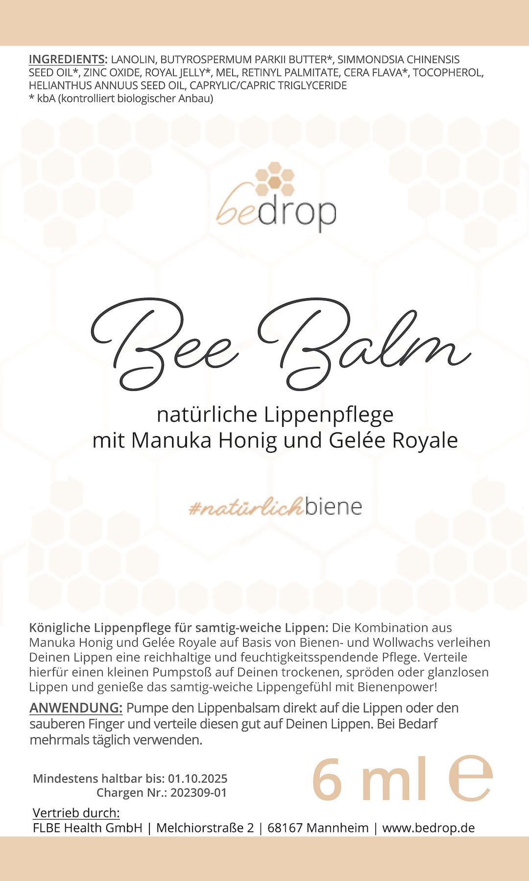 bedrop: Bee Balm - natural lip care balm with Manuka honey, royal jelly & retinol