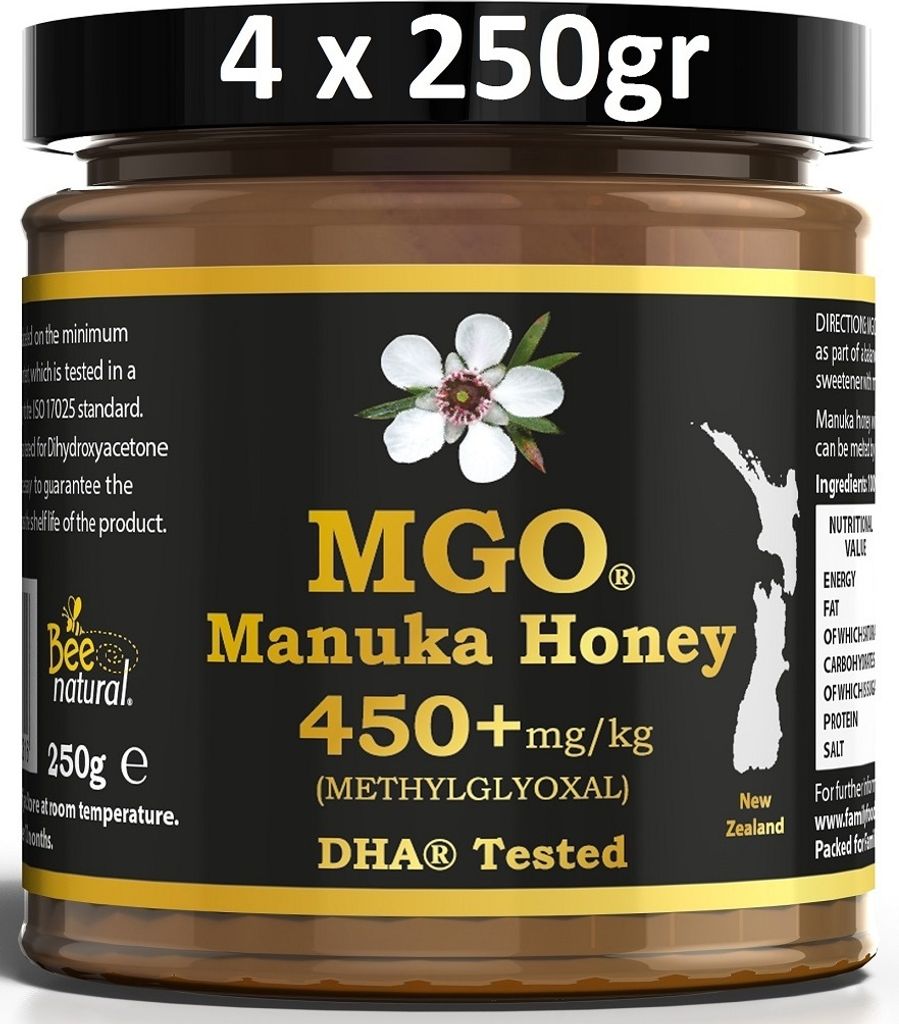 BEE NATURAL MGO 450+ PREMIUM MONOFLORAL NEUSEELAND MANUKA HONIG IN EINEM UMWELTFREUNDLICHEN ECHTGLASGEFÄß AUS NICHT GEFÄRBTEM GLAS * 1000G (4x 250G)