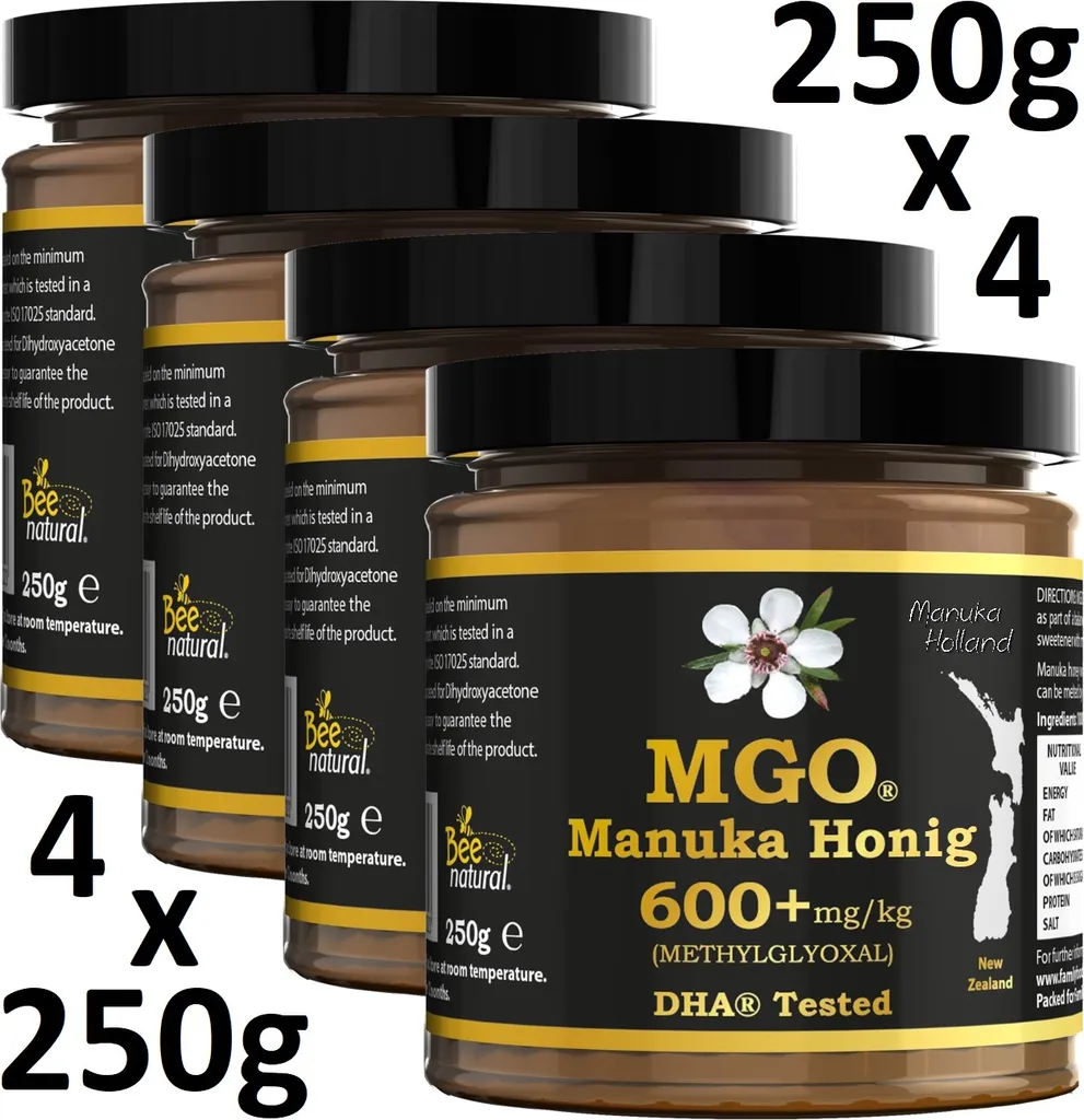 BEE NATURAL MGO 600+ PREMIUM MONOFLORAL NEUSEELAND MANUKA HONIG IN EINEM UMWELTFREUNDLICHEN ECHTGLASGEFÄß AUS NICHT GEFÄRBTEM GLAS * 1000G (4x 250G)