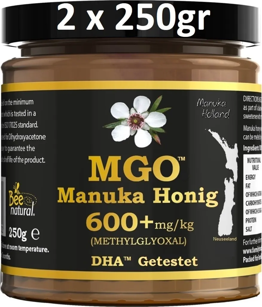 BEE NATURAL MGO 600+ PREMIUM MONOFLORAL NEUSEELAND MANUKA HONIG IN EINEM UMWELTFREUNDLICHEN ECHTGLASGEFÄß AUS NICHT GEFÄRBTEM GLAS * 500G (2x 250G)