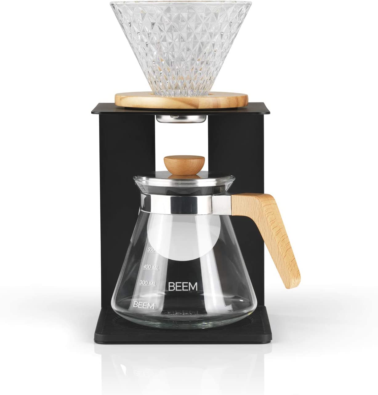 BEEM Pour Over Coffee Maker Set - 4 Cups | Glass Hand Filter in Diamond Look (Size 2), 0.5 Litre Glass Jug with Lid, Wooden Appliqués, Manual Coffee Brewing Art for a Particularly Mild Coffee Aroma