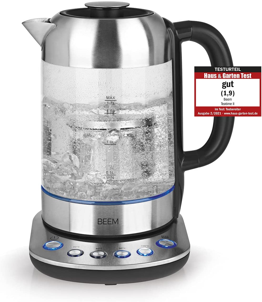 BEEM Teatime II Tea and Kettle with Temperature Setting, 1.7 Litres, Includes Stainless Steel Tea Strainer, LED Lighting, Glass and Stainless Steel