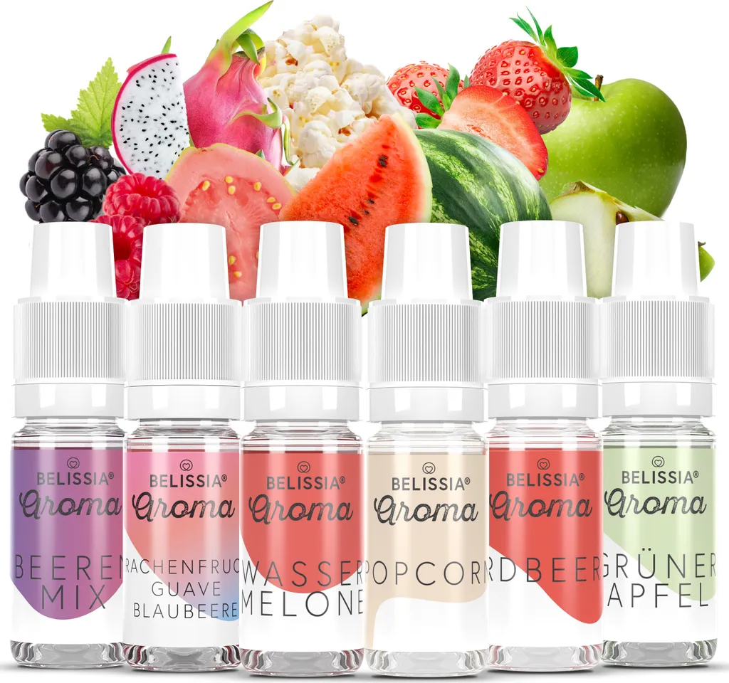 Belissia Food Flavoring Set Best Of - 6x10ml High-Dose Flavoring - Calorie-Free, Vegan - For Food, Drinks, Shakes, Quark, Fog Machines and much more.