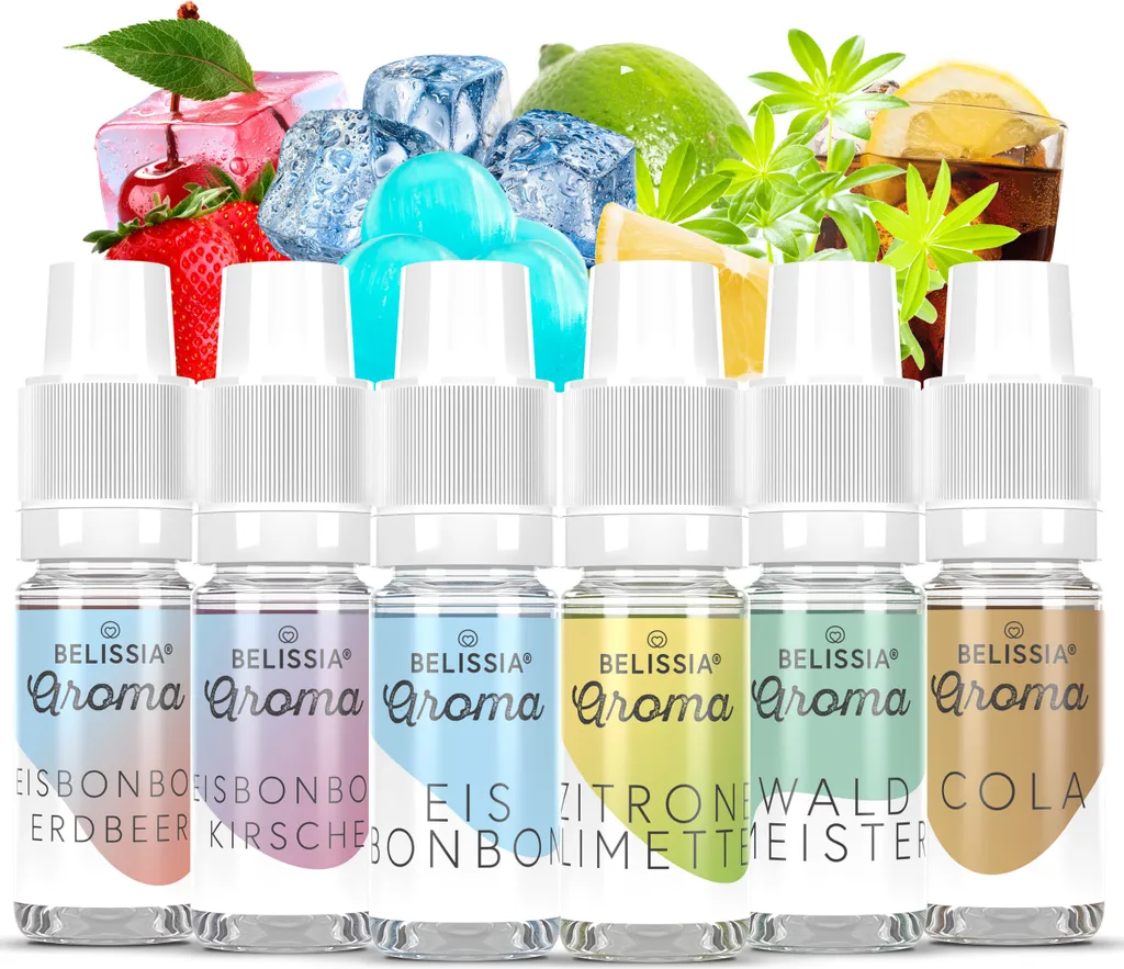 Belissia Food Flavoring Set Refreshment - 6x10ml High-Dose Flavoring - Calorie-Free, Vegan - For Food, Drinks, Shakes, Quark, Fog Machines, and Much More