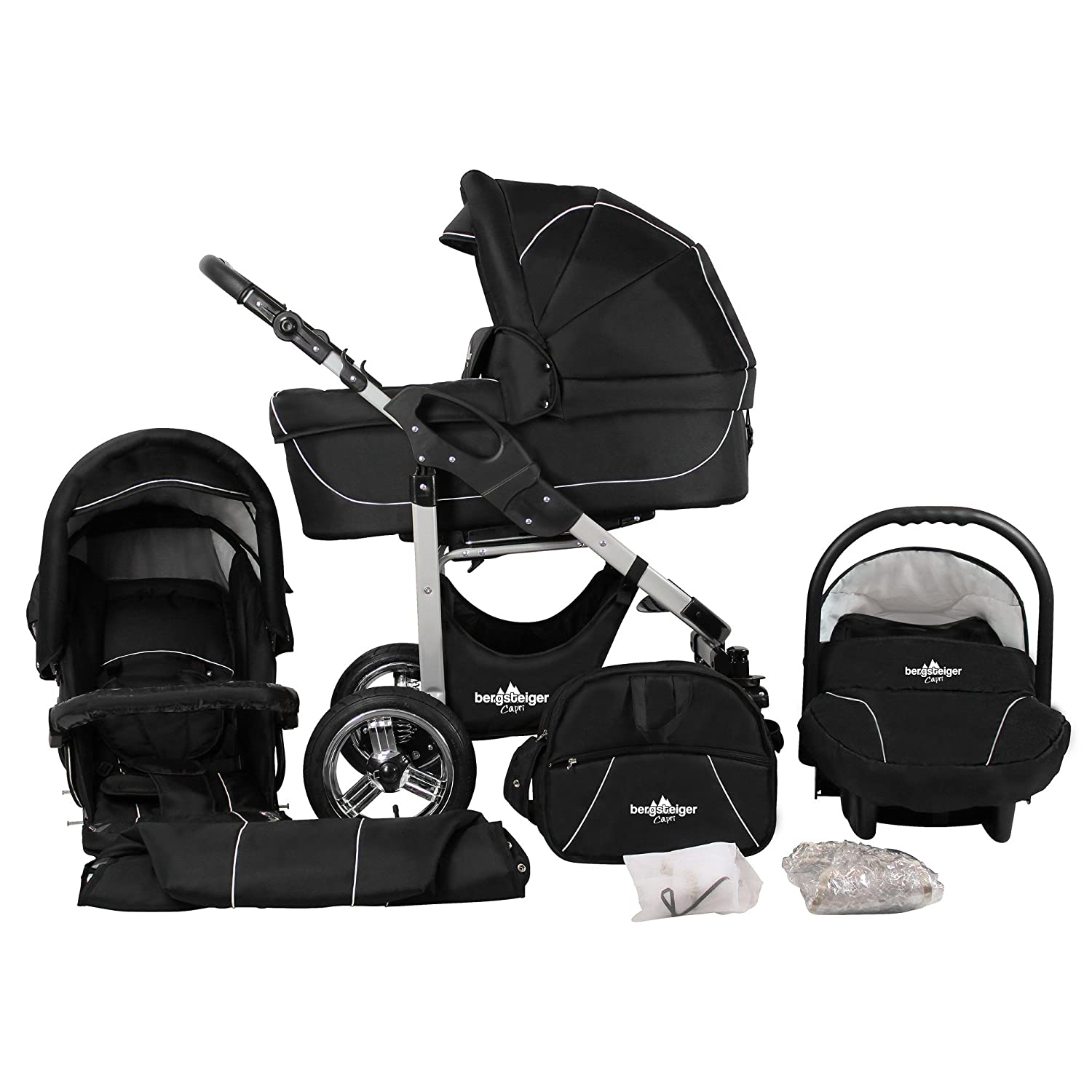 Bergsteiger Capri pushchair 3 in 1 combination pushchair Megaset 10 parts incl. Baby seat, baby carriage, sports pram and accessories.