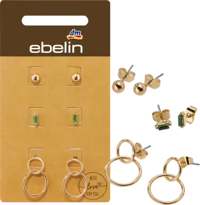 ebelin stud earrings circles & rhinestones, gold look, 6 pcs