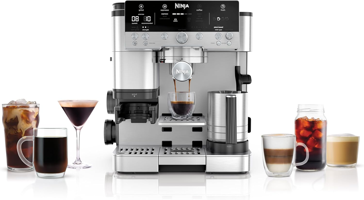 Ninja Luxe Premier ES601EU 3-in-1 Coffee Maker with Grinder and Frother for Latte, Cappuccino, Cold Brew & Espresso, Easy to Use, 4 Presets for Frothing, EU Plug, Silver