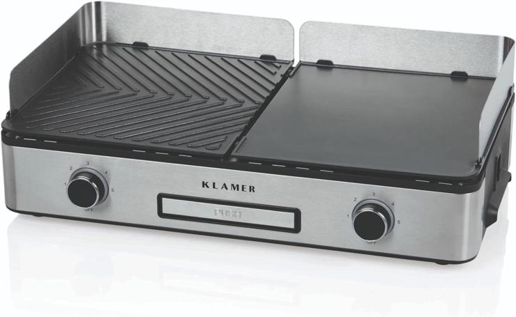 KLAMER Electric Grill Non-Stick Removable Duo Plates Separate Temperature Setting 5 Grill Levels with Wind/Splash Guard & Crumb Tray