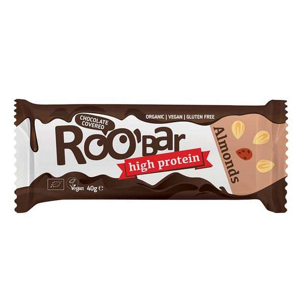 Organic protein bars, almonds and chocolate
