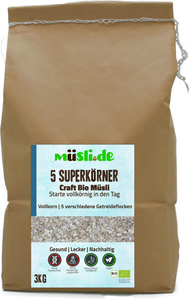 Biologische 5 Superkörnerflockenmischung (Dinkel-, Gersten-, Hafer-, Roggen-, Weizenflocken) von müsli.de (1x3kg), für eine vegane Ernährung geeignet.