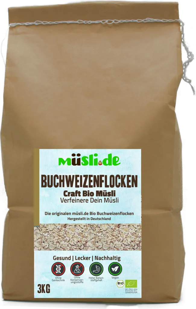 Biologische Buchweizenflocken von müsli.de (1x3kg), für eine vegane Ernährung geeignet. Aromatisch nussiger Geschmack. Für Deine basische Ernährung!