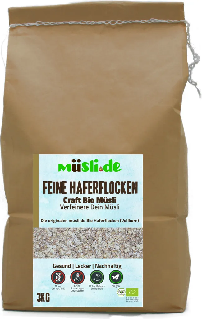 Biologische Feine Haferflocken von müsli.de (1x3kg), für eine vegane Ernährung geeignet. Knackiger Geschmack dank Vollkornflocken.