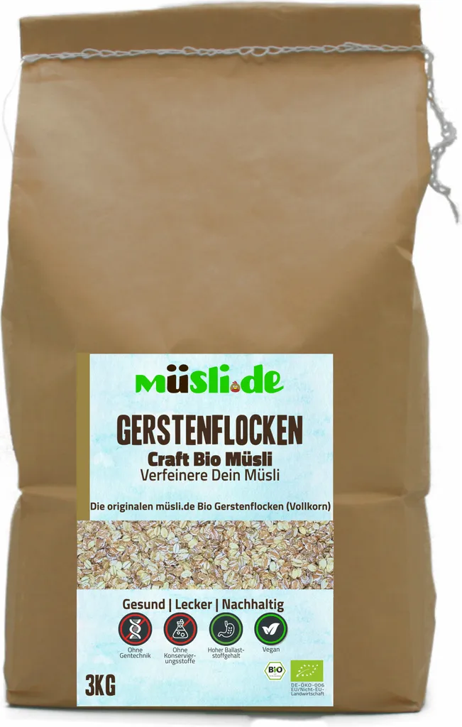 Biologische Gerstenflocken von müsli.de (1x3kg), für eine vegane Ernährung geeignet. Knackiger Geschmack dank Vollkornflocken.