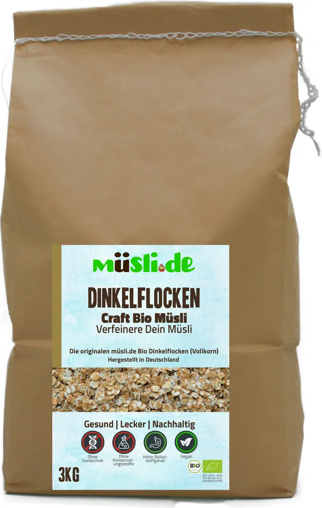 Biologische Grobe Dinkelflocken von müsli.de (1x3kg), für eine vegane Ernährung geeignet. Knackiger Geschmack dank Vollkornflocken.