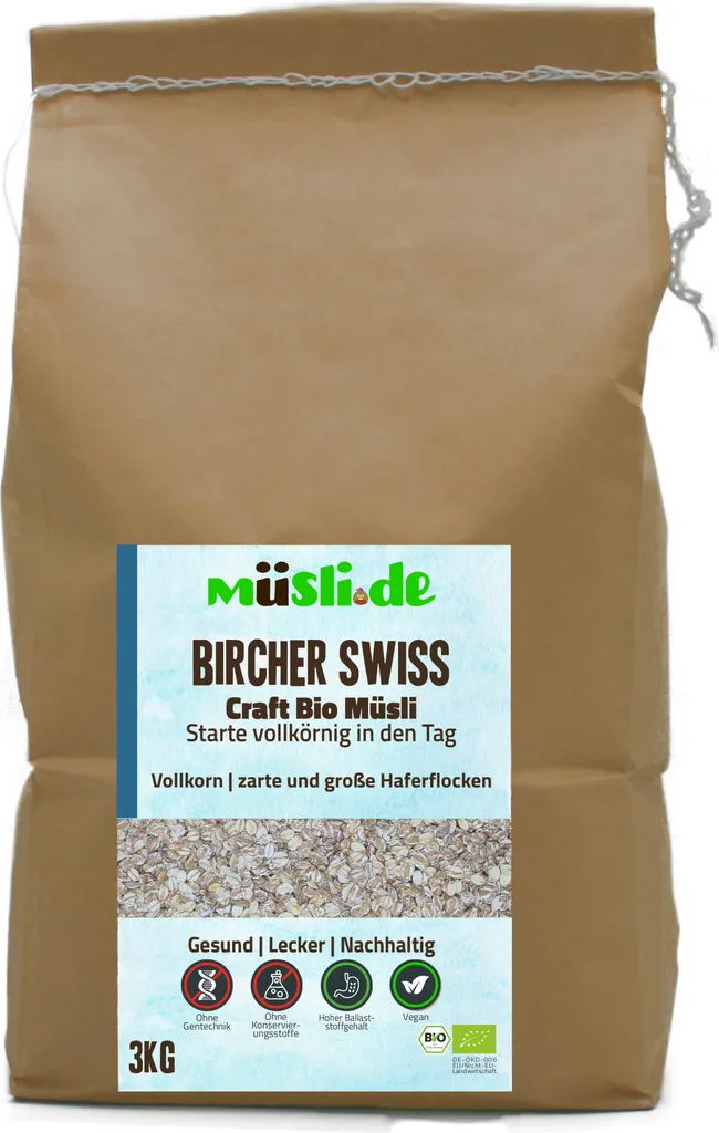 Biologische Haferflockenmischung Bircher Swiss (feine und grobe Haferflocken) von müsli.de (1x3kg), für eine vegane Ernährung geeignet.