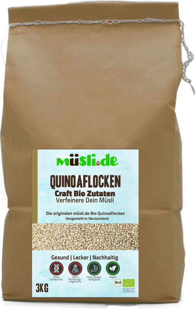 Biologische Quinoaflocken von müsli.de (1x3kg), für eine vegane Ernährung geeignet. Aromatisch nussiger Geschmack.