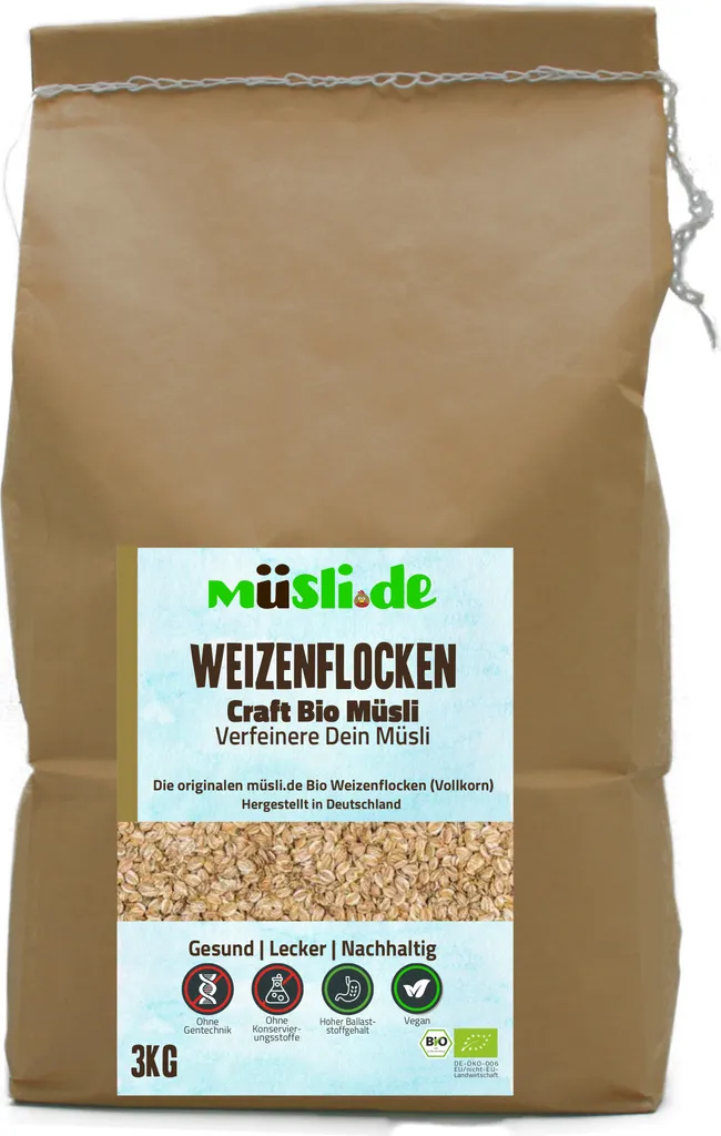 Biologische Weizenflocken von müsli.de (1x3kg), für eine vegane Ernährung geeignet. Knackiger Geschmack dank Vollkornflocken.