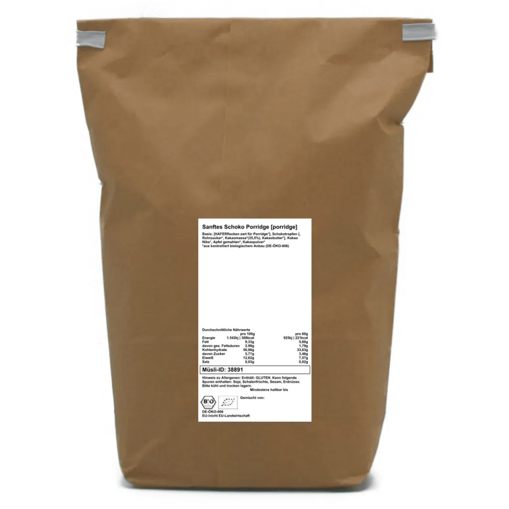 Biologisches Sanftes Schoko Porridge von müsli.de (1 x 0,58kg) im nachhaltigen Papierbeutel , für eine vegane Ernährung geeignet.