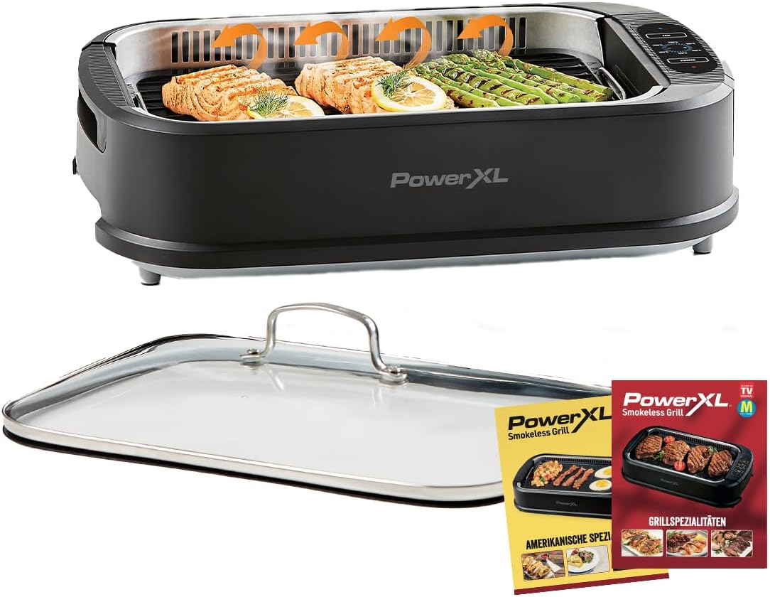 PowerXL Smokeless Grill - Electric Grill - Smokeless & Odourless Grill Enjoyment - with Grill Plate and Aroma Function - Non-Stick Coating - with Thermal Glass Lid - Indoor Grill - 1500 Watt