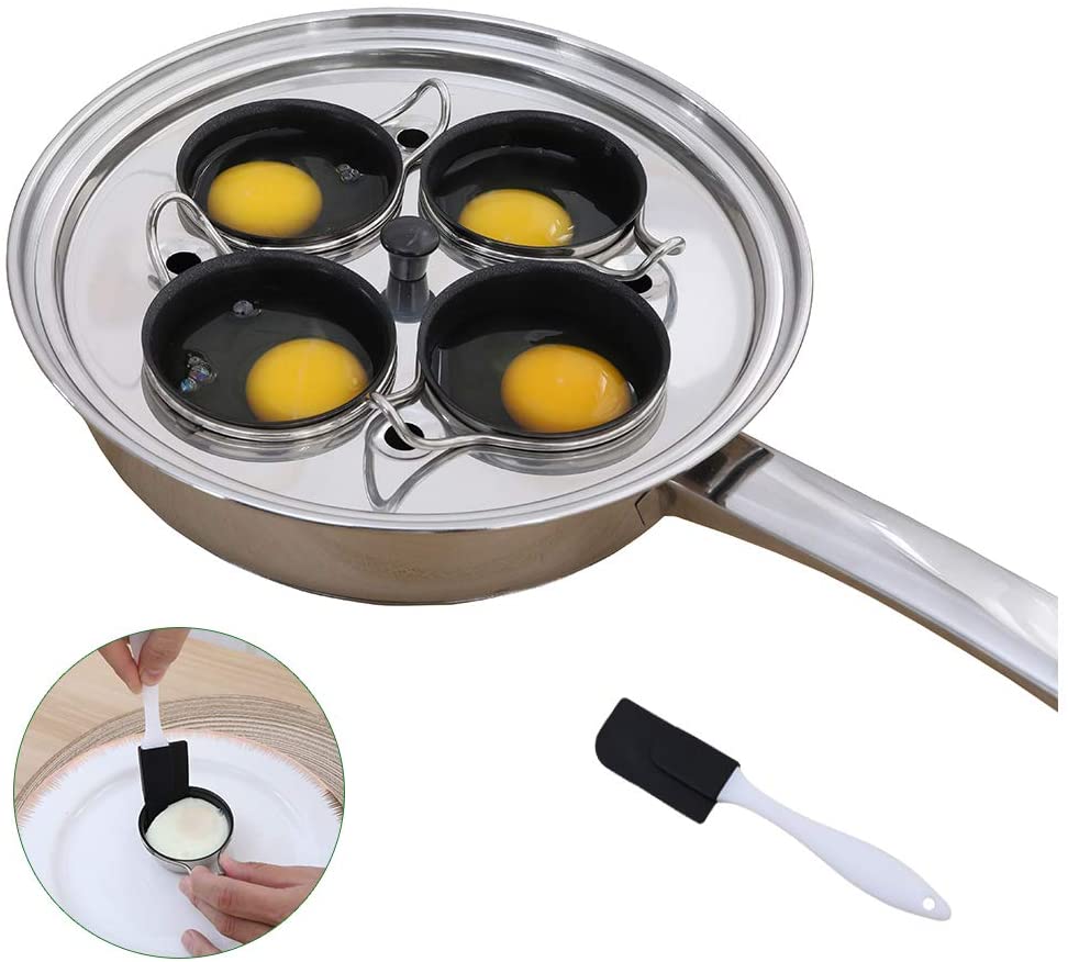 RUNZI Egg Poacher - Stainless Steel Poached Egg Poacher - Perfect Poached Egg Maker - Induction Hob Egg Poacher Cookware Set with 4 Non-Stick Large Silicone Egg Poacher Cups