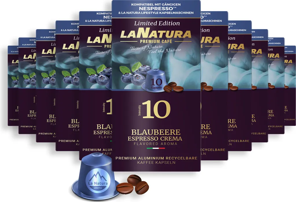 Blueberry Espresso Crema Premium Coffee - 110 Coffee Capsules | La Natura Lifestyle Organic 616g | Bio-based | Nespresso®*³ compatible