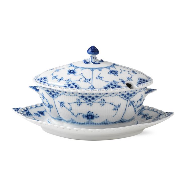 Royal Copenhagen Blue Fluted Full Lace Sauce Boat With Lid