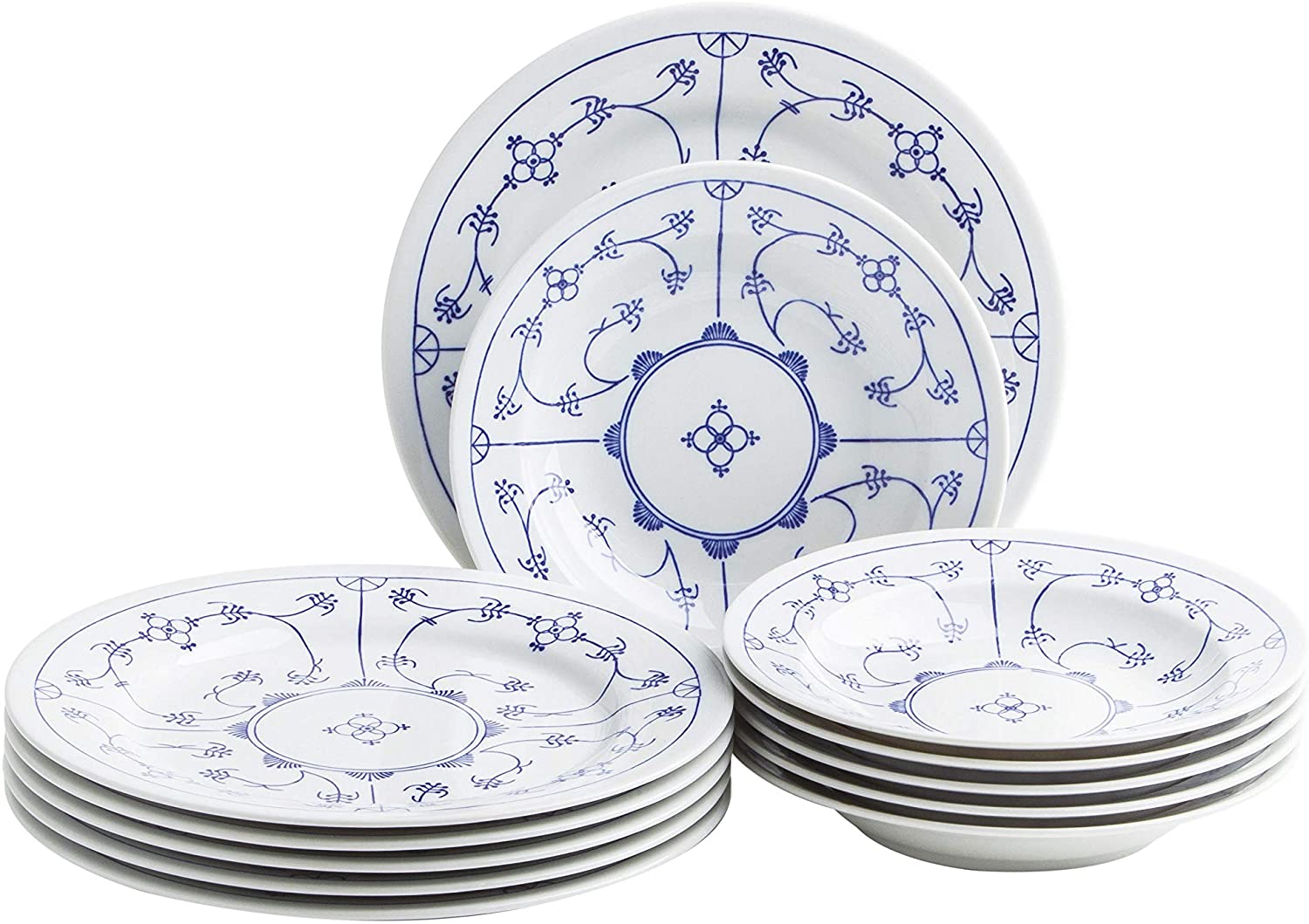 Kahla 160620O75019H Blau Saks 12-Piece Porcelain Tableware Set, Set of Plates For 6 People, Blue and White, Round, Soup Bowl 22 cm, Dinner Plate 23.5 cm