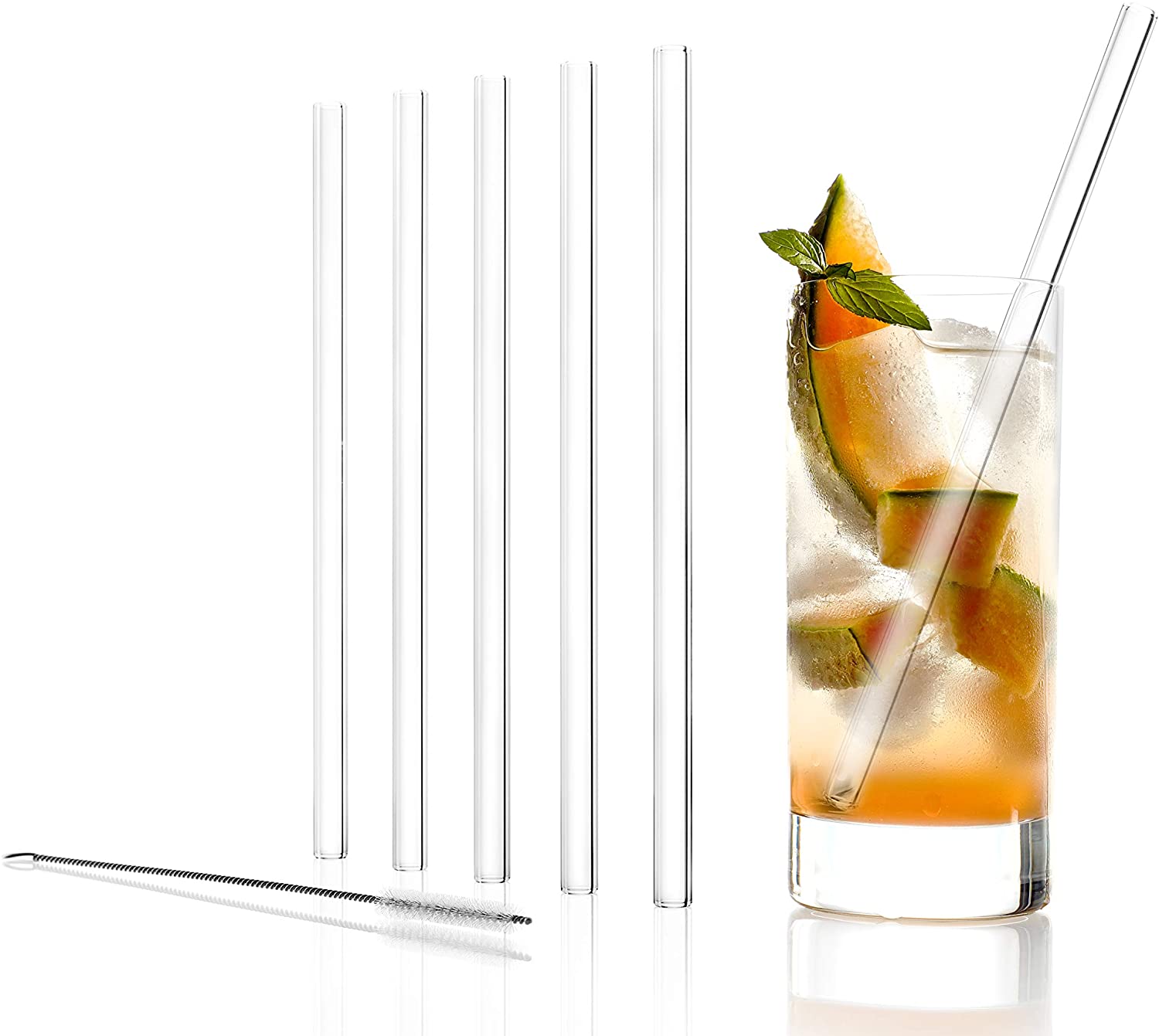Stölzle Lausitz Glass Drinking Straws Clear Set of 6 Including Cleaning Brush: High-Quality and Sustainable Drinking Straws, Tasteless, Durable and Dishwasher Safe