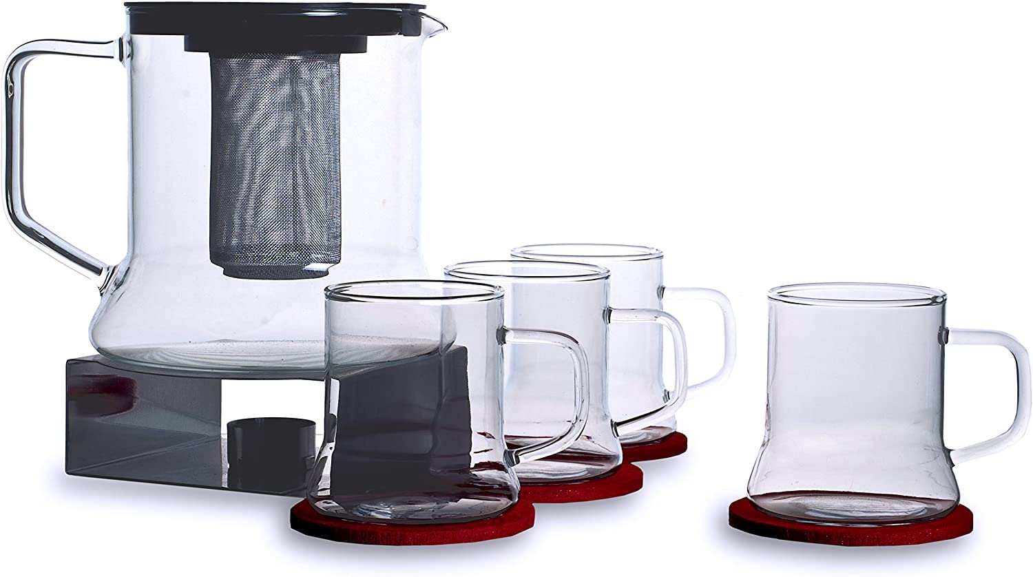 Bohemia Cristal Simax 093 006 127 Punch Set 11 Pieces 1 Pot Approx. 1.8 Litres Made of Heat-Resistant Borosilicate Glass with Plastic Lid and Metal Strainer + 4 Cups Approx. 250 ml Made of Heat-Resistant Borosilicate Glass + 1 Metal Warmer + 4 Felt Coasters