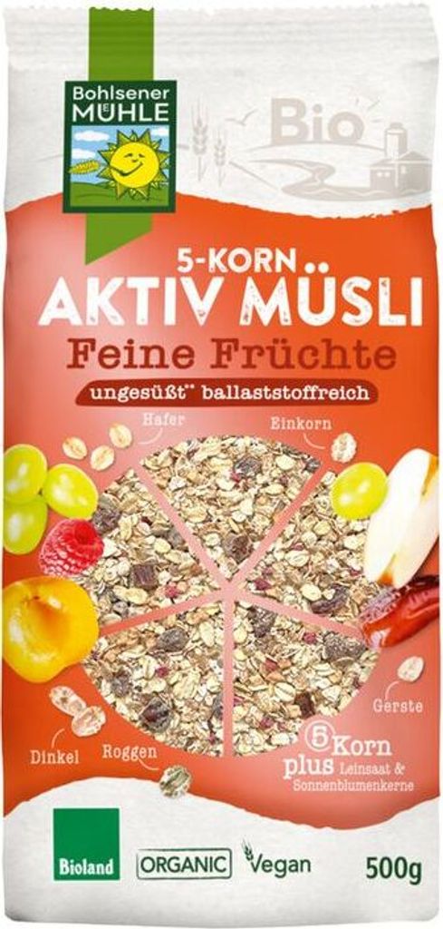Bohlsener Mühle 5-Korn Aktiv Müsli Feine Früchte -- 500g x 6  - 6er Pack VPE