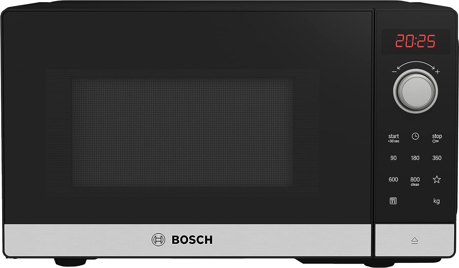 Bosch FFL023MS2 Series 2 Microwave, 26 x 44 cm, 800 W, Turntable 27 cm, Door Hinge Left, AutoPilot 7 7 Automatic Programmes, Cleaning Support, LED Touch Display, Stainless Steel