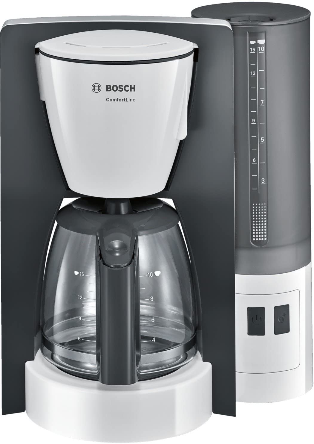 Bosch ComfortLine TKA6A041 Filter Coffee Machine, Aroma+, Aroma Protection Glass Jug 1.25 L, for 10-15 Cups, Removable Water Tank, Drip Stop, Swivelling Filter Carrier, Cable Storage, 1200 W, W, White