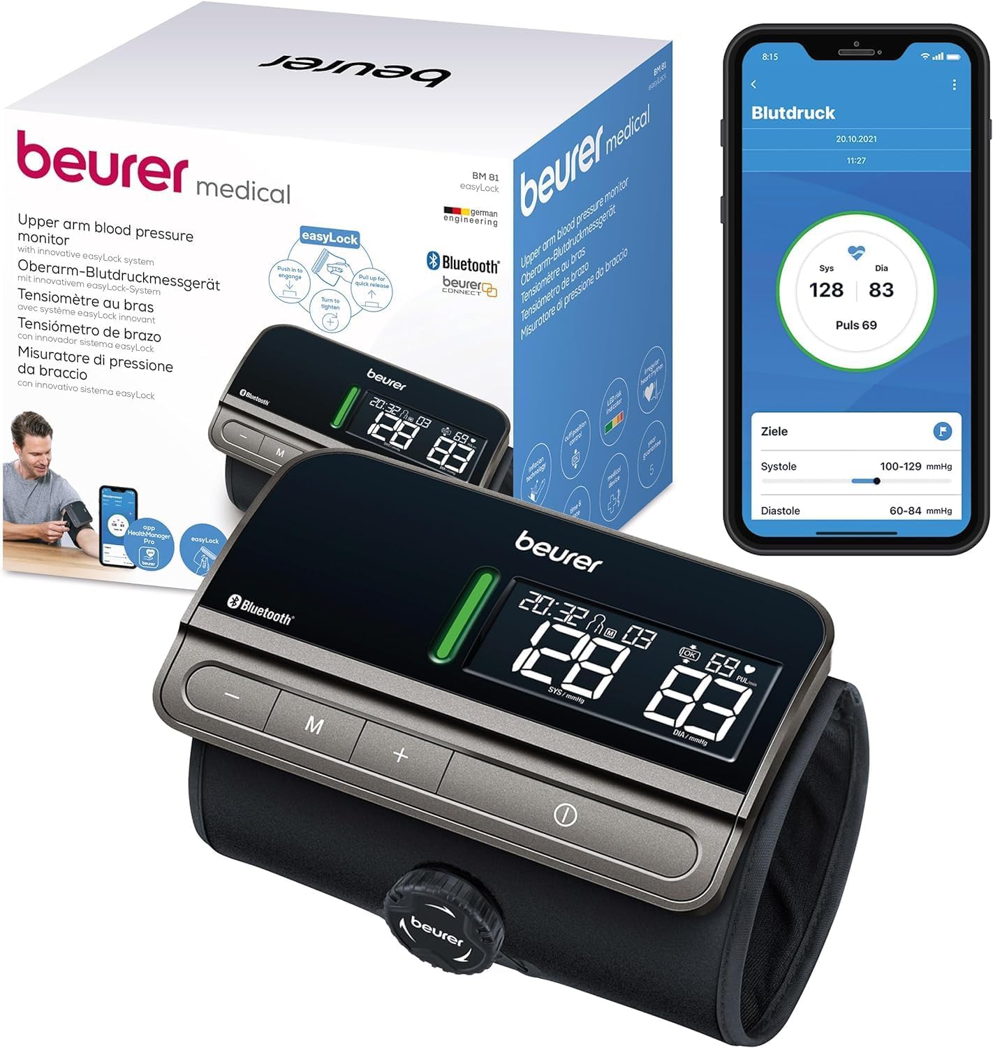Beurer BM 81 easyLock Upper Arm Blood Pressure Monitor Clinically Validated Cuff with Simple Twist Lock No Tubes or Cables Smooth and Fast Measurement with App Connection