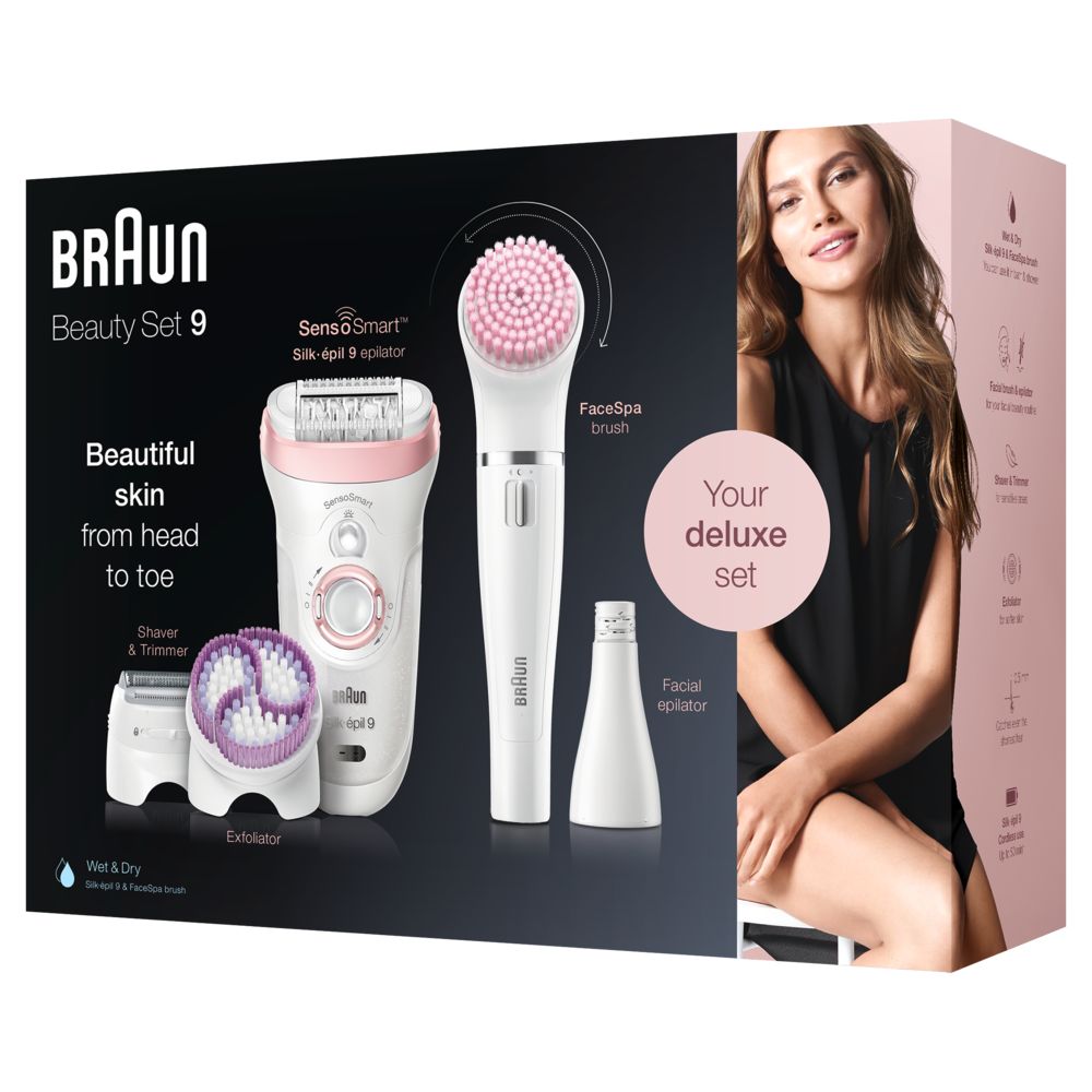 Braun - Epilator "Silk-épil 9-975 Epilator Beauty Set SensoSmart" in white and rose