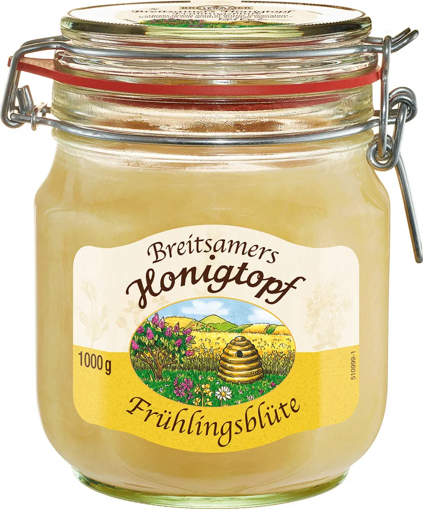 Breitsamer Honig Honigtopf Frühlingsblüte 1.000g cremig - Zart-cremiger Frühlingsblütenhonig im traditionellen Bügelglas von bewährter Imkerqualität (1 x 1kg)