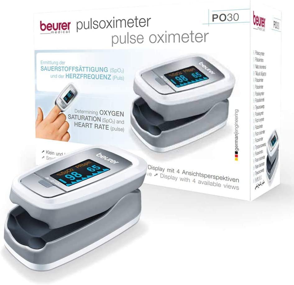 Beurer PO 30 pulse oximeter grey, white heart rate monitor and arterial oxygen saturation.
