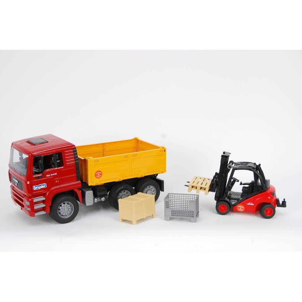 Bruder 01795 Man TGA Tipping Truck with Linde Forklift Truck, Box, Crate