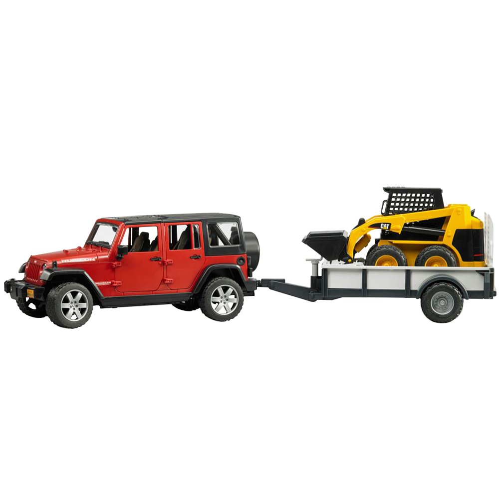 Bruder Jeep Wrangler Unlimited Rubicon And One Axle Trailer And Cat Skid Steer Loa