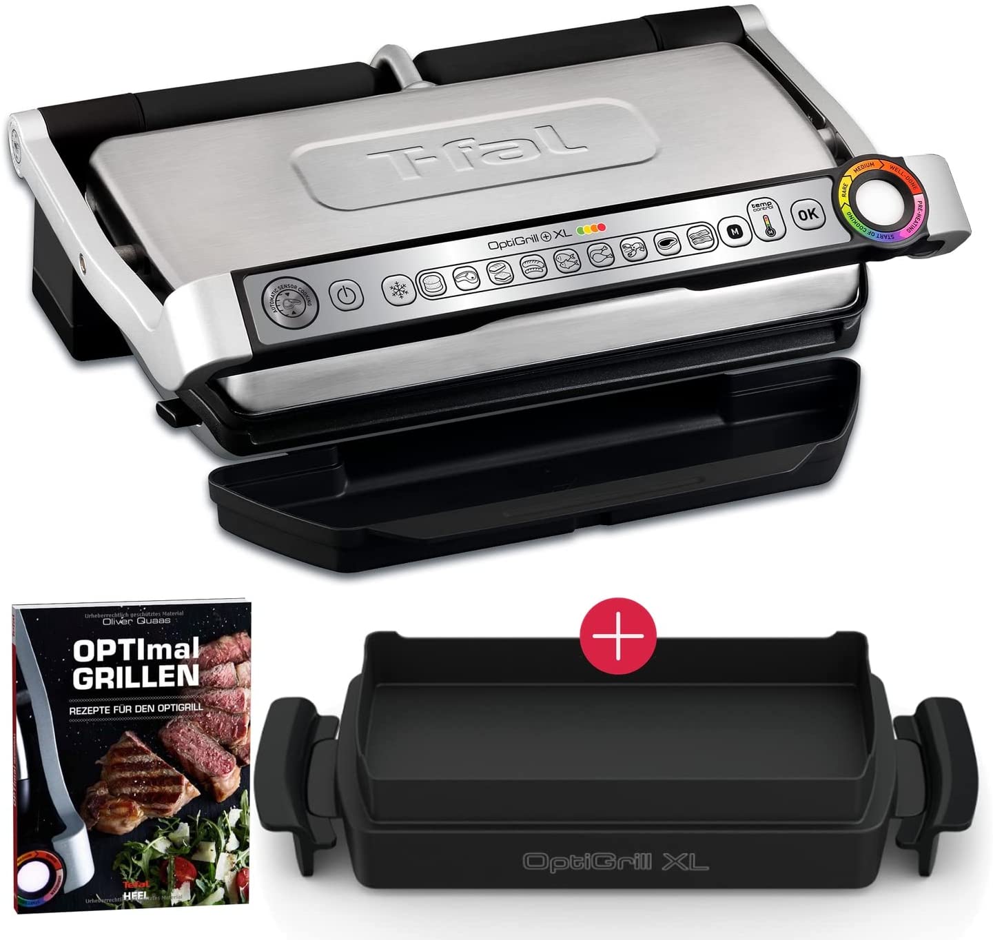 Tefal OptiGrill+ XL Electric Contact Grill + XA7268 Snacking & Baking Baking Tray + Recipe Book, 9 Automatic Programmes Indoor Electric Grill Ideal Grill Results Non-Stick Cast Aluminium Plates