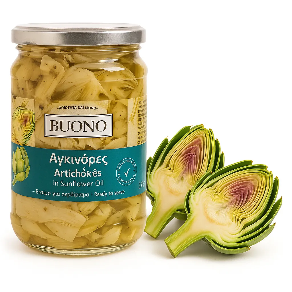 BUONO, Artichokes in Oil, Artichokes 360g, Greek Artichokes in Sunflower Oil, in a Jar, Ready to Serve, Delicacy, Greek Snack