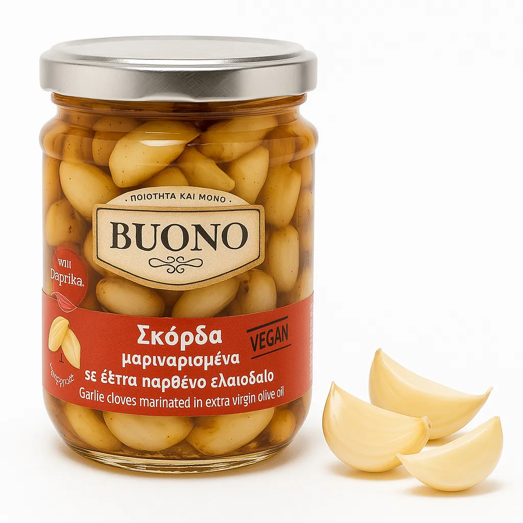 BUONO, Garlic in Marinade, Jar 200 g, Garlic in Olive Oil, In extra virgin olive oil from GREECE, marinated garlic cloves