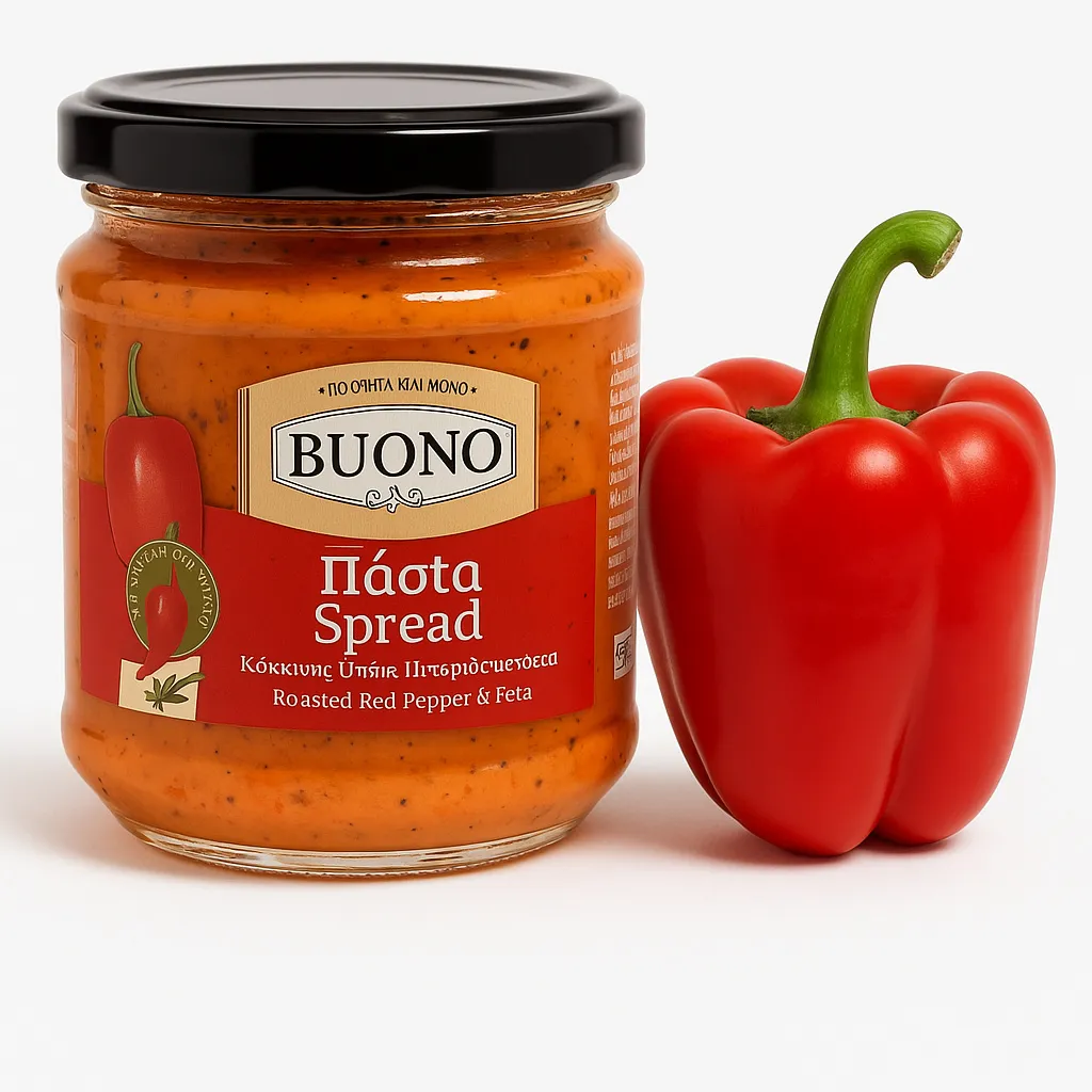 BUONO, Paprikapaste, Griechische Pasta, Geröstete Paprikapaste mit Fetakäse, 200g, Originalrezept, Brotaufstrich, Salatpaste