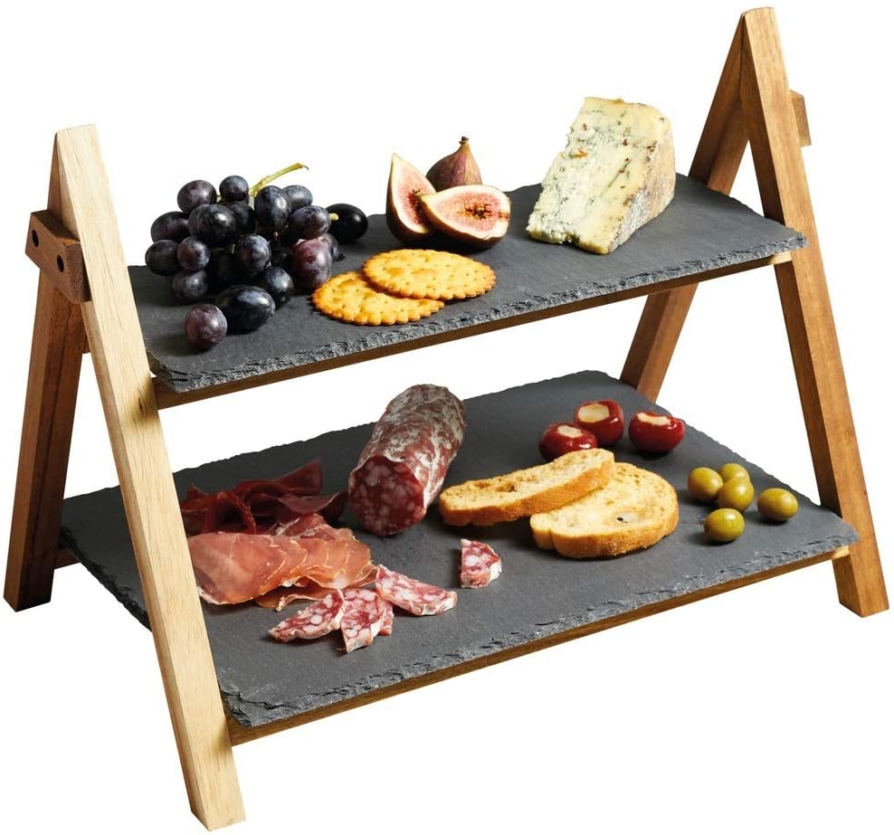 Master Class 40 x 30 x 25 cm Artesa Acacia Wood and Slate Two Tier Serving Stand