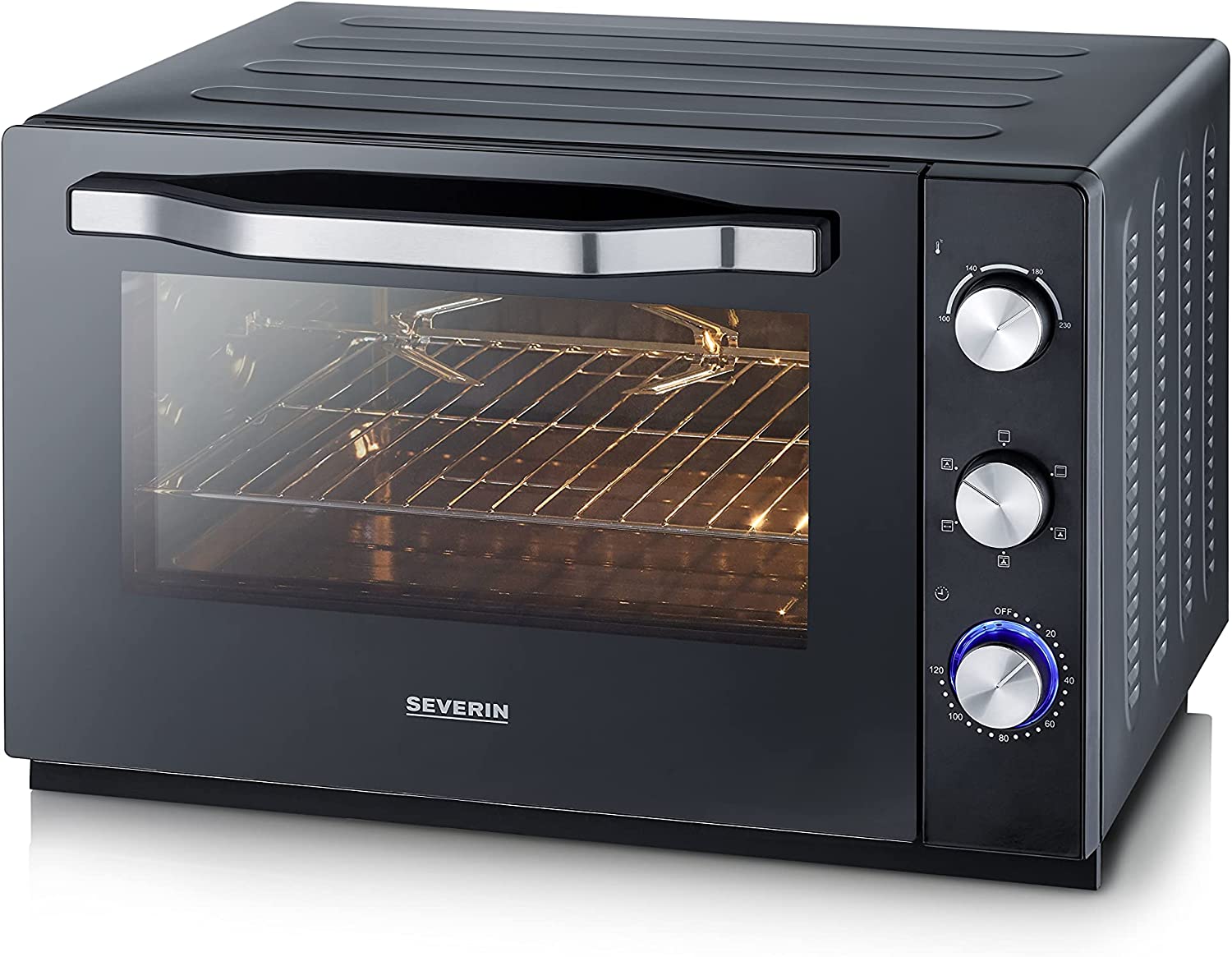 SEVERIN XXL baking and toast oven with convection function, oven with grill rack, baking tray, rotisserie and pizza stone, versatile hot air oven with 60 L capacity, 2,200 W, black, TO 2073